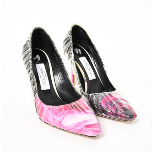 Off-White X Jimmy Choo Pink White Floral Satin Heels Plastic Overlay Size 37 - Picture 2 of 11